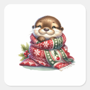 De kerstotter in een sjaal vierkante sticker