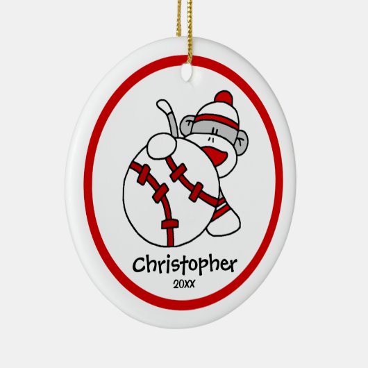 De kerstversiering van Sock Monkey Baseball Boy Keramisch Ornament (Rechts)