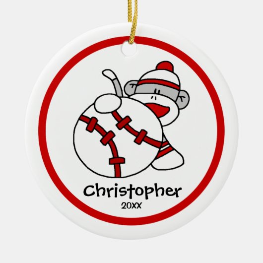 De kerstversiering van Sock Monkey Baseball Boy Keramisch Ornament (Voorkant)