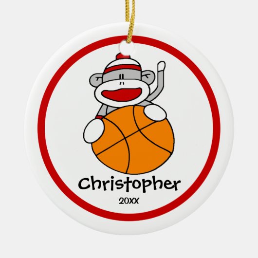 De kerstversiering van Sock Monkey Basketball Boy Keramisch Ornament (Voorkant)