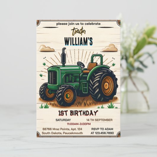 De kinder retro boy coole tractor 1e verjaardag kaart (Staand voorkant)