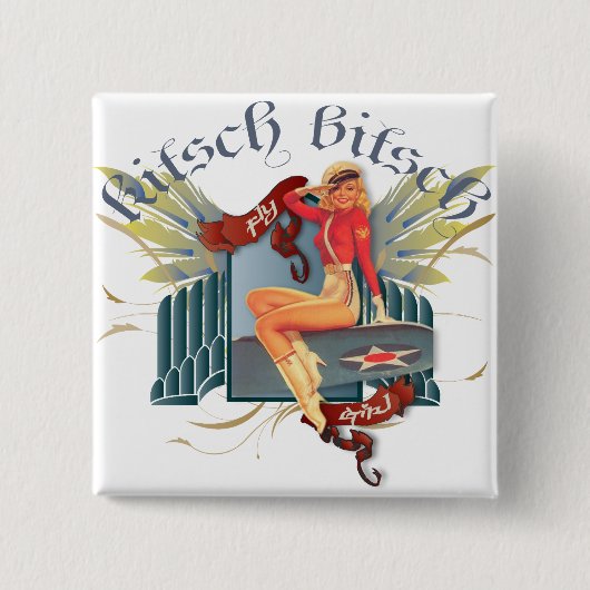 De Kitsch Bitsch : Fly Girl Tattoo Pin-Up Vierkante Button 5,1 Cm (Voorkant)