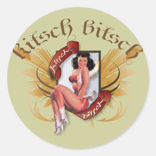 De Kitsch Bitsch :Kowgirl Kitsch Tattoo Pin-Up Ronde Sticker (Voorkant)
