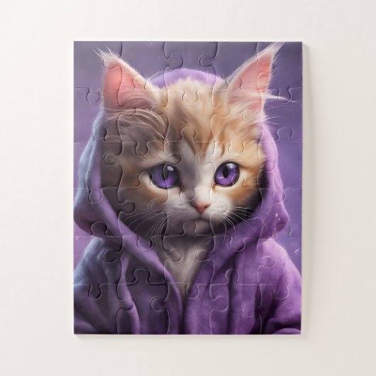 De kitten in een Paarse hoodie Legpuzzel (Verticaal)