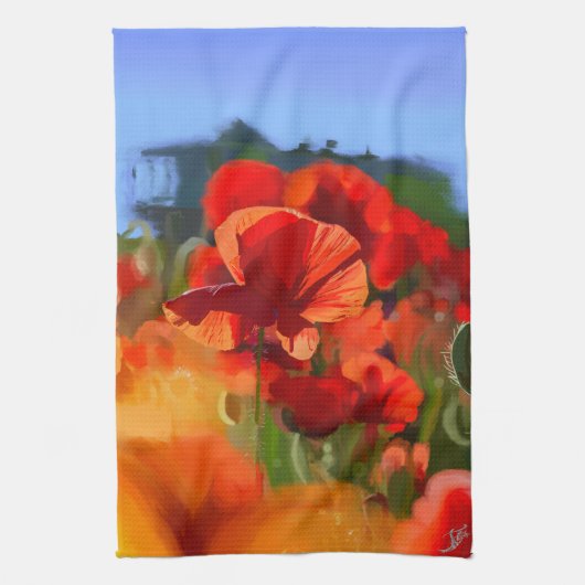 De klaproos huis - olieverfschilderij theedoek (Verticaal)