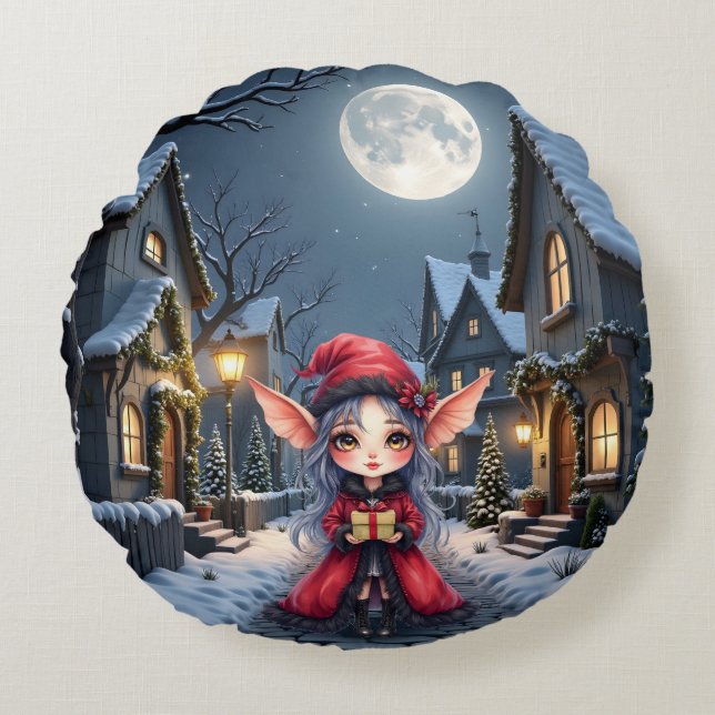 De Kleine Kerstboodschapper.  Rond Kussen (Voorkant)