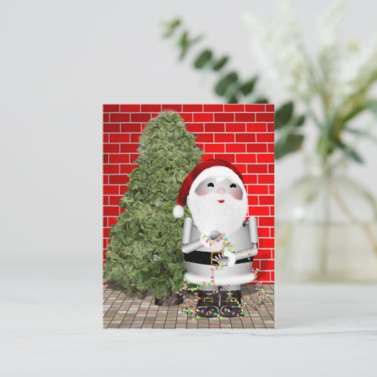 De kleine kerstman Robo-x9 Decoreert zijn kerstboo Feestdagenkaart (Staand voorkant)