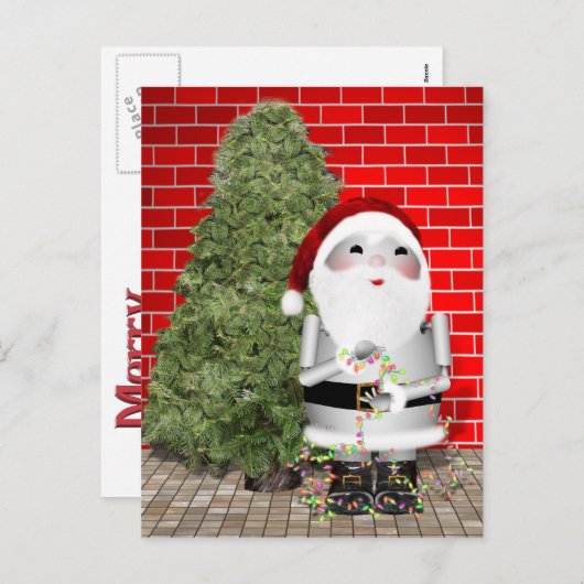 De kleine kerstman Robo-x9 Decoreert zijn kerstboo Feestdagenkaart (Voorkant / Achterkant)