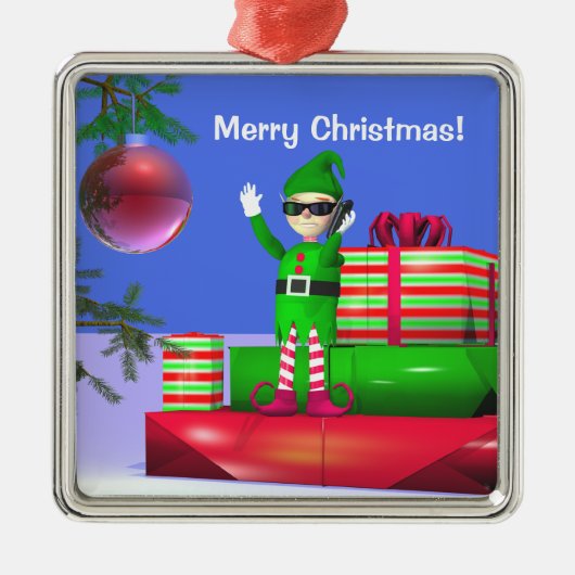 De kleine Kerstmis Elf die op cadeaus staat Metalen Ornament (Voorkant)