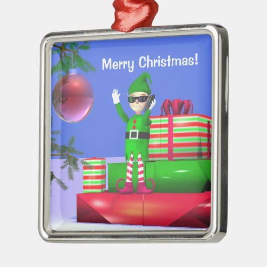 De kleine Kerstmis Elf die op cadeaus staat Metalen Ornament (Links)
