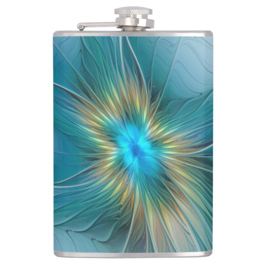 De kleine schoonheid Modern Blue Gold Fractal Flow Heupfles (Voorkant)