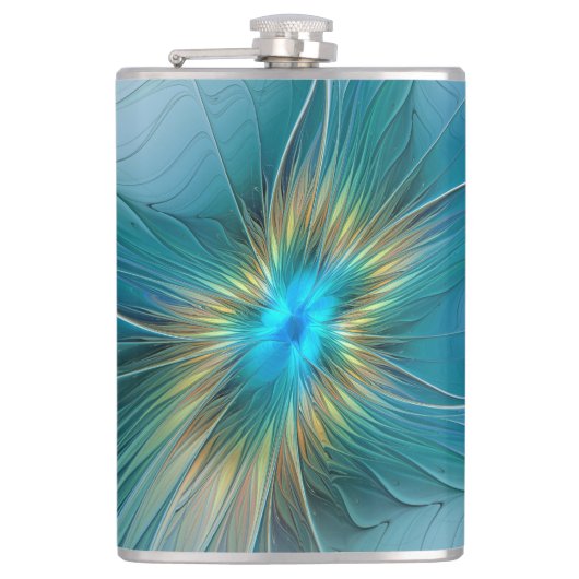 De kleine schoonheid Modern Blue Gold Fractal Flow Heupfles (Voorkant)