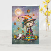De kleine Wanderer Halloween Witch en Cat Kaart (Gele Bloem)