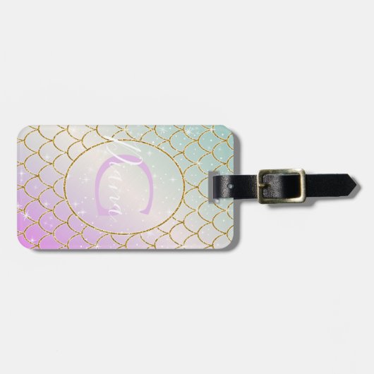 De kleine zeemeermin. Golden schalen op een roze,  Bagagelabel (Voorkant horizontaal)