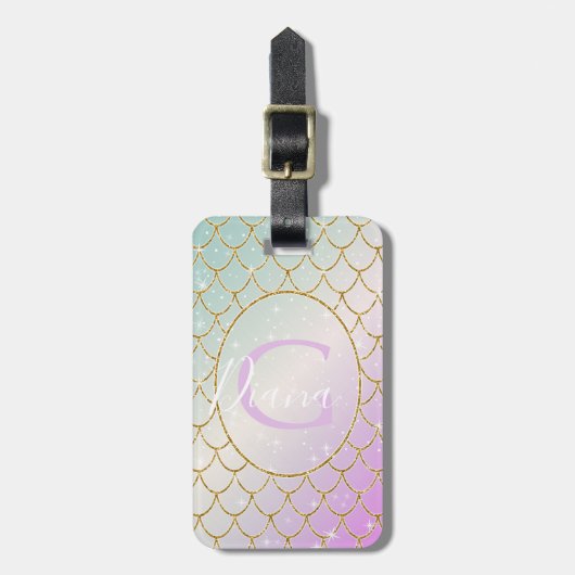 De kleine zeemeermin. Golden schalen op een roze,  Bagagelabel (Voorkant verticaal)