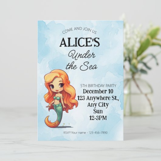 De Kleine Zeemeermin Pool Party Verjaardagsuitnodi Kaart (Staand voorkant)
