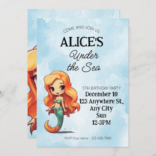 De Kleine Zeemeermin Pool Party Verjaardagsuitnodi Kaart (Voorkant / Achterkant)