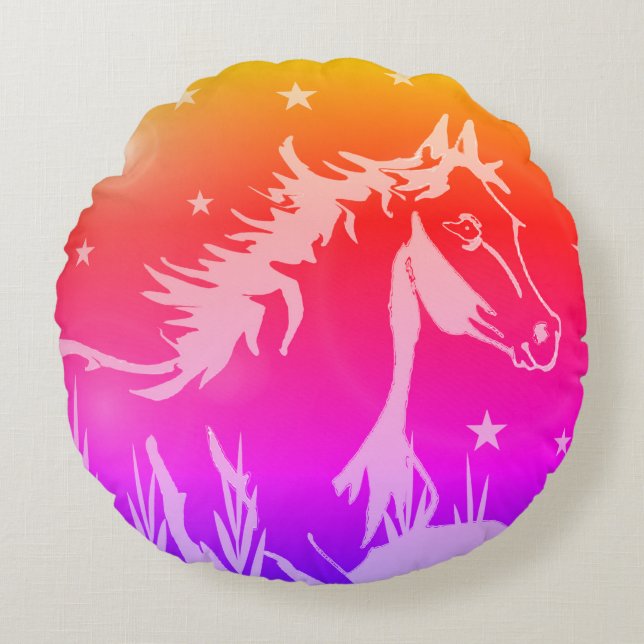 De kleine zoete pony, regenboogkleuren rond kussen (Voorkant)