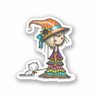De Kleine Zwerver Heks en Kat Halloween Sticker