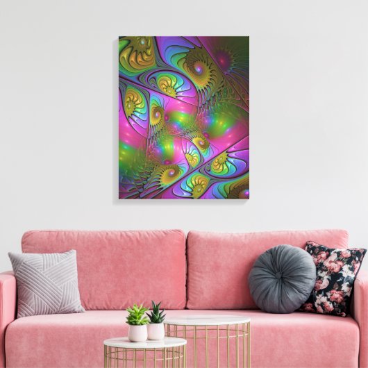De kleurrijke lichtgevende Trippy Abstracte Fracta Canvas Afdruk (Insitu (Woonkamer))