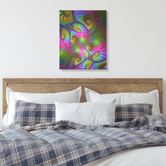 De kleurrijke lichtgevende Trippy Abstracte Fracta Canvas Afdruk (Insitu (Slaapkamer))