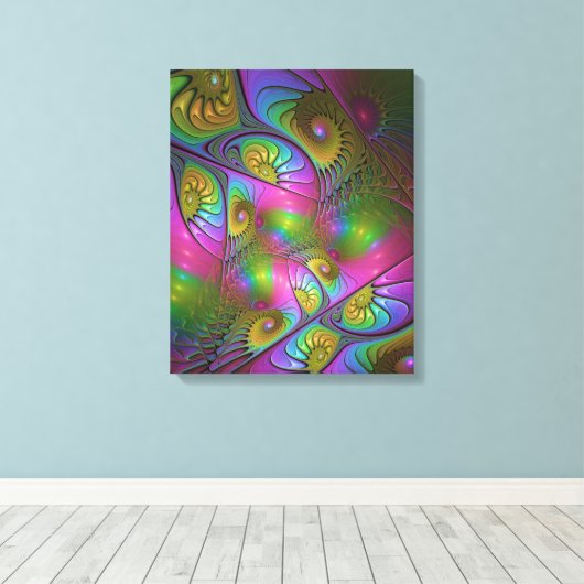 De kleurrijke lichtgevende Trippy Abstracte Fracta Canvas Afdruk (Insitu (Houten vloer))