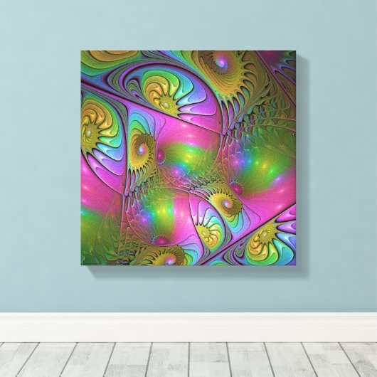 De kleurrijke lichtgevende Trippy Abstracte Fracta Canvas Afdruk (Insitu (Houten vloer))