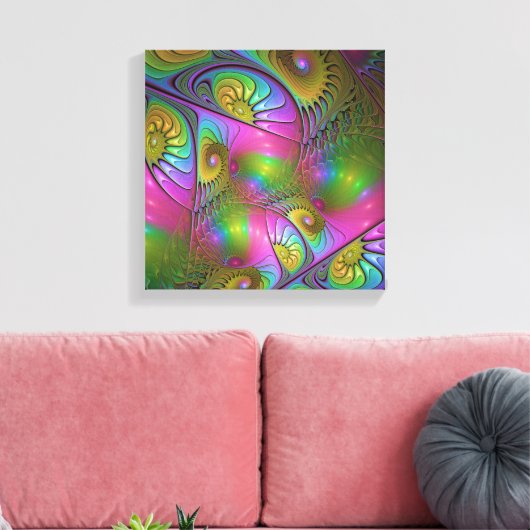 De kleurrijke lichtgevende Trippy Abstracte Fracta Canvas Afdruk (Insitu (Woonkamer))