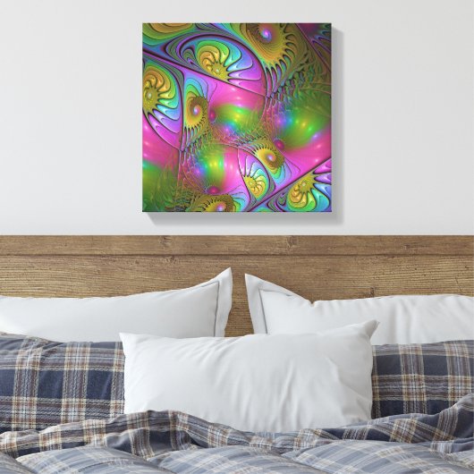 De kleurrijke lichtgevende Trippy Abstracte Fracta Canvas Afdruk (Insitu (Slaapkamer))