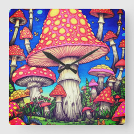 De Kleurrijke Rode en Gele Paddenstoelen op een Vierkante Klok