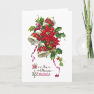 De Klokken van poinsettia en Vintage Kerstmis van Feestdagen Kaart