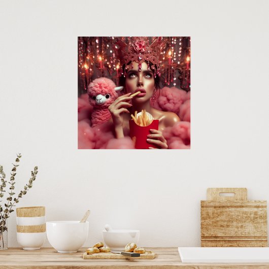 De koningin in de kroon met friet en alpaca poster (Keuken)