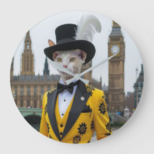 De koninklijke Sphynx in zijn onstuimige pak bij h Grote Klok