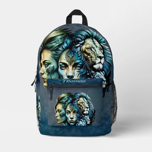 De krachtige Aanwezigheid van Leeuwen Bedrukte Rugzak (Voorkant)