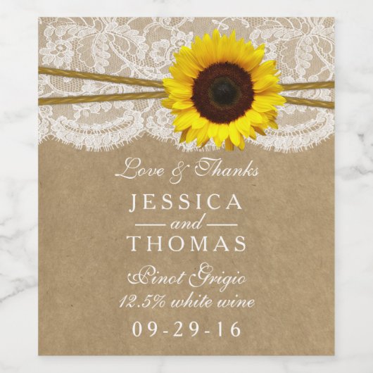 De Kraft, Lace & Sunflower Trouwcollectie Wijn Etiket (Enkel label)