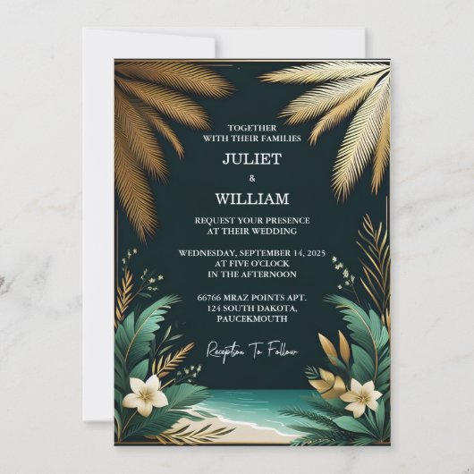 De krans Palm Beach Groene en gouden bruiloft Kaart (Voorkant)
