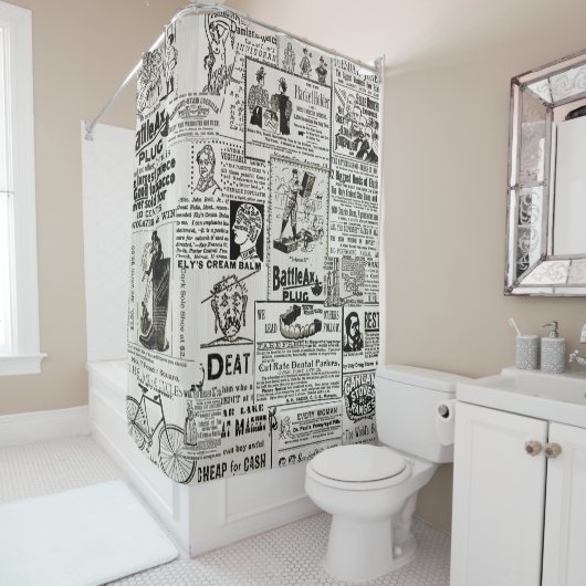 De krant van 1890 biedt Victoriaans verkoopadverte Douchegordijn (In situ)