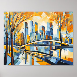 De kubistische herfstbrug in het stadsbeeld poster