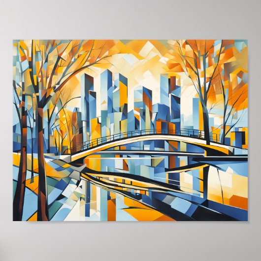 De kubistische herfstbrug in het stadsbeeld poster (Voorkant)