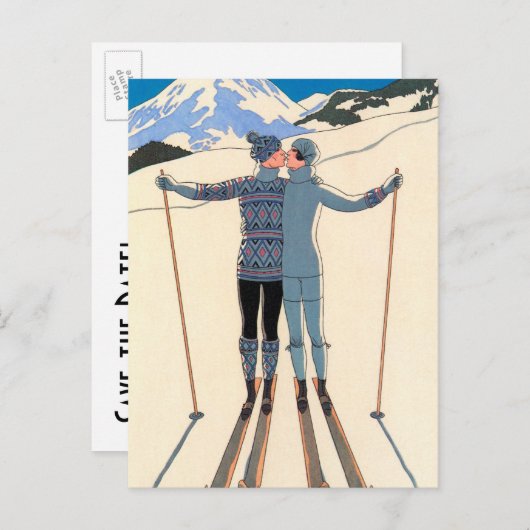 De Kunst Deco houdt van Kus Skis sparen de Datum! Aankondigingskaart (Voorkant / Achterkant)