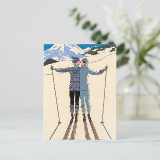 De  Kunst Deco houdt van Kus Skis sparen de Datum! Aankondigingskaart (Staand voorkant)