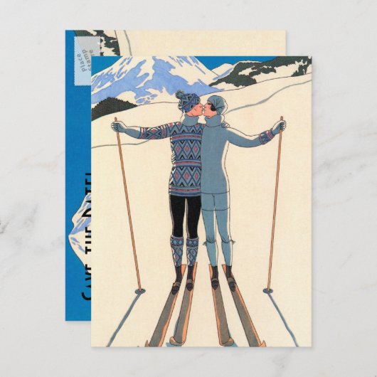 De  Kunst Deco houdt van Kus Skis sparen de Datum! Aankondigingskaart (Voorkant / Achterkant)