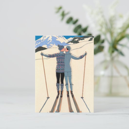 De Kunst Deco houdt van Kus Skis sparen de Datum! Aankondigingskaart (Staand voorkant)