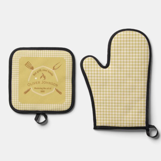 De kunst van BBQ gouden geel geruite patroon Ovenwant & Pannenlap Set (Voorkant)