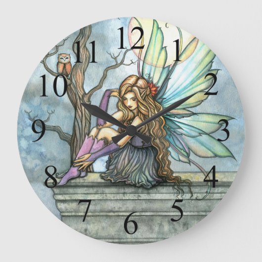 De kunstklok van Thinker Fairy en Owl Fantasy Grote Klok (Voorkant)