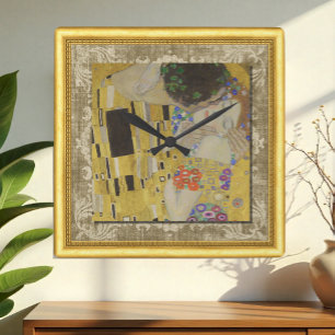 De kus, Gustav Klimt, omlijst doek Vierkante Klok