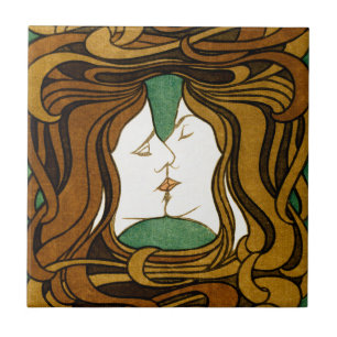 De Kus Peter Behrens Art Nouveau Vintage Kunst Tegeltje