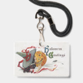 De kus van de heks: een Jack o Lantern met Hallowe Badge (Voorzijde met lanyard)