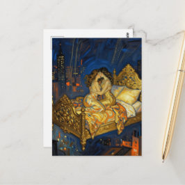 De kus van geliefden Magisch bed boven de stad Briefkaart
