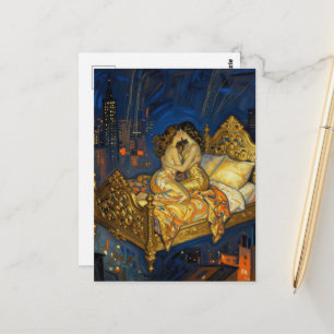 De kus van geliefden Magisch bed boven de stad Briefkaart